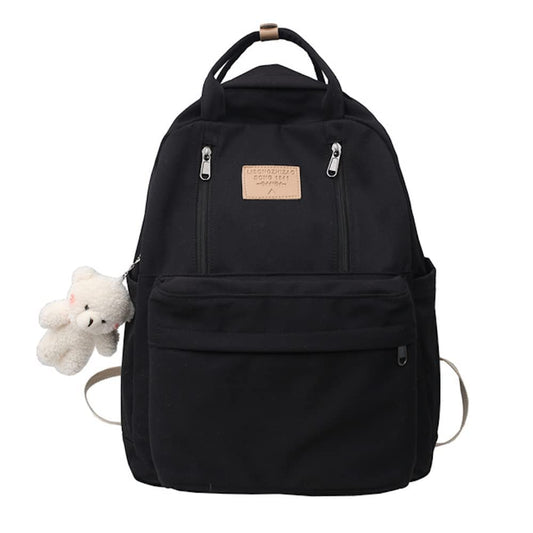 Preppy Backpack with Plushies Cute Backpack for Teen Girls Light Academia Bookbags Solid Aesthetic School Bag (Black)