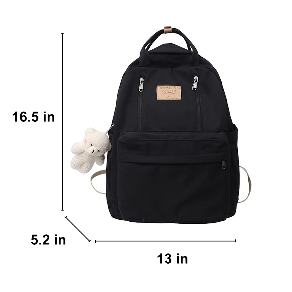 Preppy Backpack with Plushies Cute Backpack for Teen Girls Light Academia Bookbags Solid Aesthetic School Bag (Black)