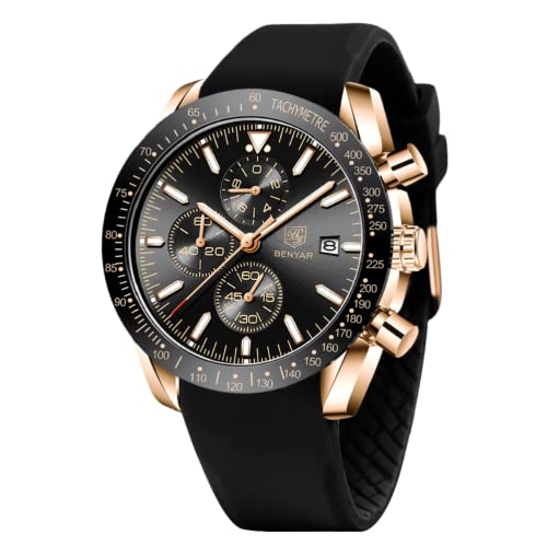 BY BENYAR Watch for Men Analog Quartz Chronograph Waterproof Luminous Designer Mens Wrist Watches Business Work Sport Casual Dress Watch with Silicone Strap Elegant Gifts for Men