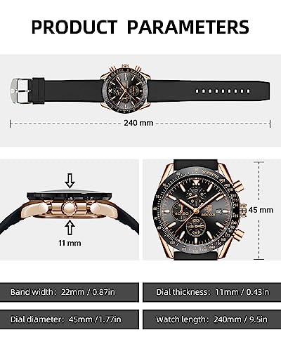 BY BENYAR Watch for Men Analog Quartz Chronograph Waterproof Luminous Designer Mens Wrist Watches Business Work Sport Casual Dress Watch with Silicone Strap Elegant Gifts for Men