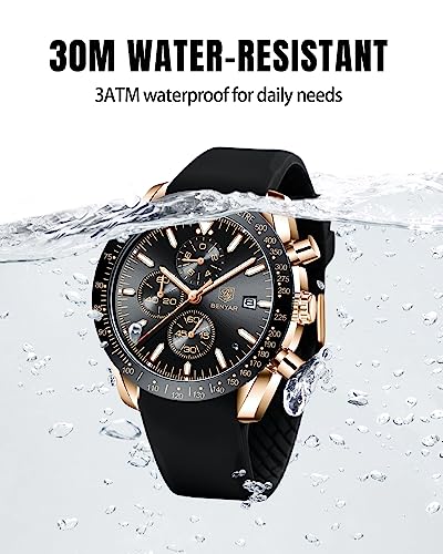 BY BENYAR Watch for Men Analog Quartz Chronograph Waterproof Luminous Designer Mens Wrist Watches Business Work Sport Casual Dress Watch with Silicone Strap Elegant Gifts for Men