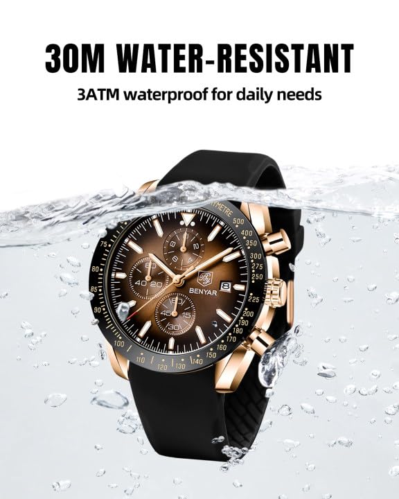 BY BENYAR Watch for Men Analog Quartz Chronograph Waterproof Luminous Designer Mens Wrist Watches Business Work Sport Casual Dress Watch with Silicone Strap Elegant Gifts for Men