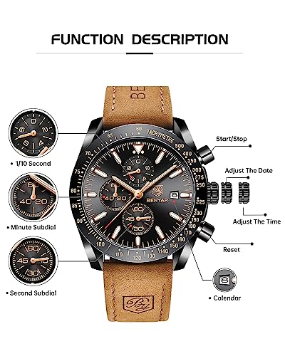 BY BENYAR Watch for Men Analog Quartz Chronograph Waterproof Luminous Designer Mens Wrist Watches Business Work Sport Casual Dress Watch with Silicone Strap Elegant Gifts for Men