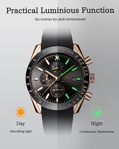 BY BENYAR Watch for Men Analog Quartz Chronograph Waterproof Luminous Designer Mens Wrist Watches Business Work Sport Casual Dress Watch with Silicone Strap Elegant Gifts for Men