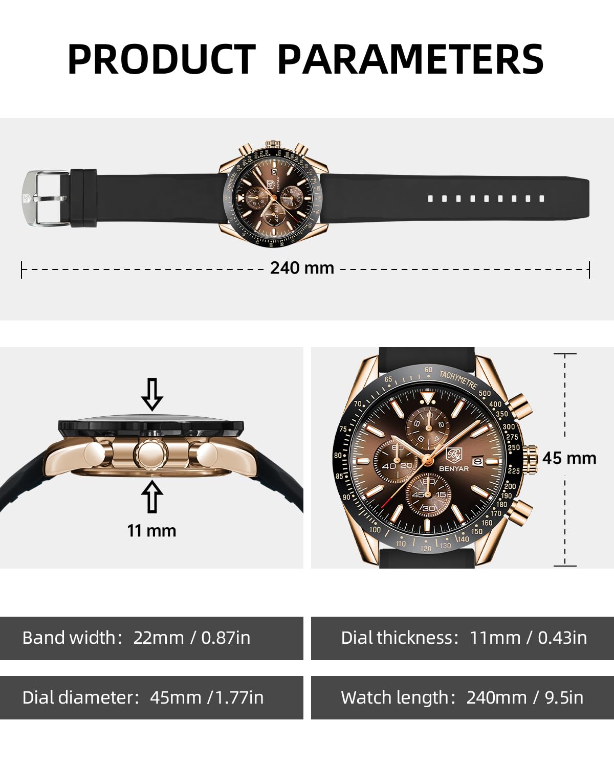 BY BENYAR Watch for Men Analog Quartz Chronograph Waterproof Luminous Designer Mens Wrist Watches Business Work Sport Casual Dress Watch with Silicone Strap Elegant Gifts for Men