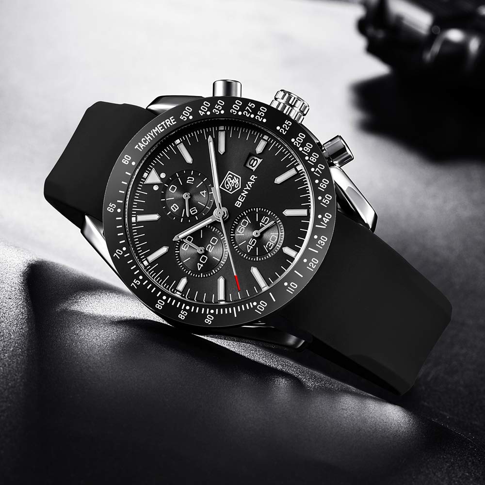 BY BENYAR Watch for Men Analog Quartz Chronograph Waterproof Luminous Designer Mens Wrist Watches Business Work Sport Casual Dress Watch with Silicone Strap Elegant Gifts for Men