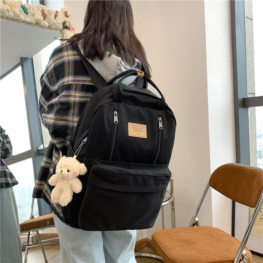 Preppy Backpack with Plushies Cute Backpack for Teen Girls Light Academia Bookbags Solid Aesthetic School Bag (Black)