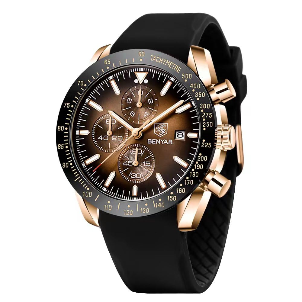 BY BENYAR Watch for Men Analog Quartz Chronograph Waterproof Luminous Designer Mens Wrist Watches Business Work Sport Casual Dress Watch with Silicone Strap Elegant Gifts for Men