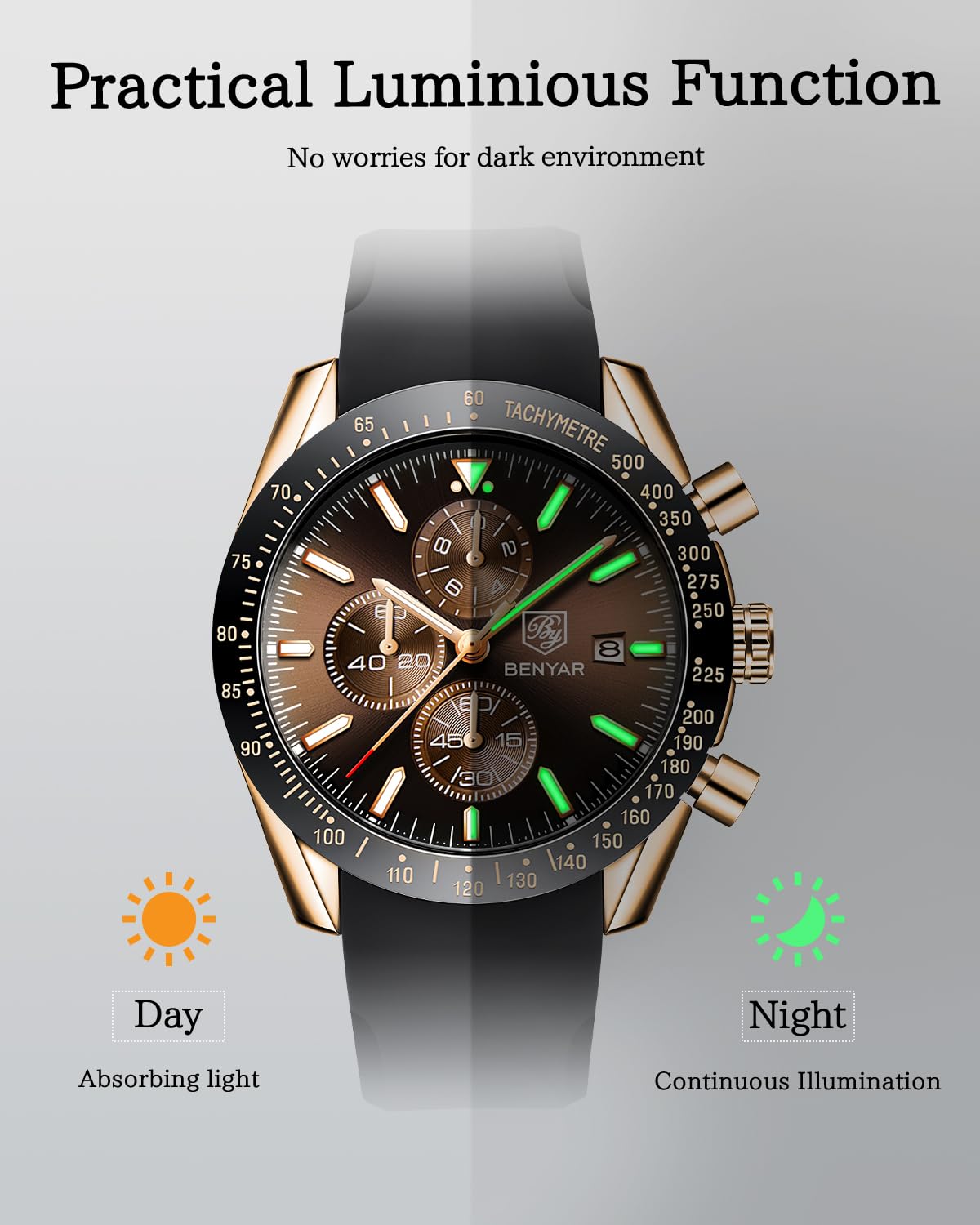 BY BENYAR Watch for Men Analog Quartz Chronograph Waterproof Luminous Designer Mens Wrist Watches Business Work Sport Casual Dress Watch with Silicone Strap Elegant Gifts for Men