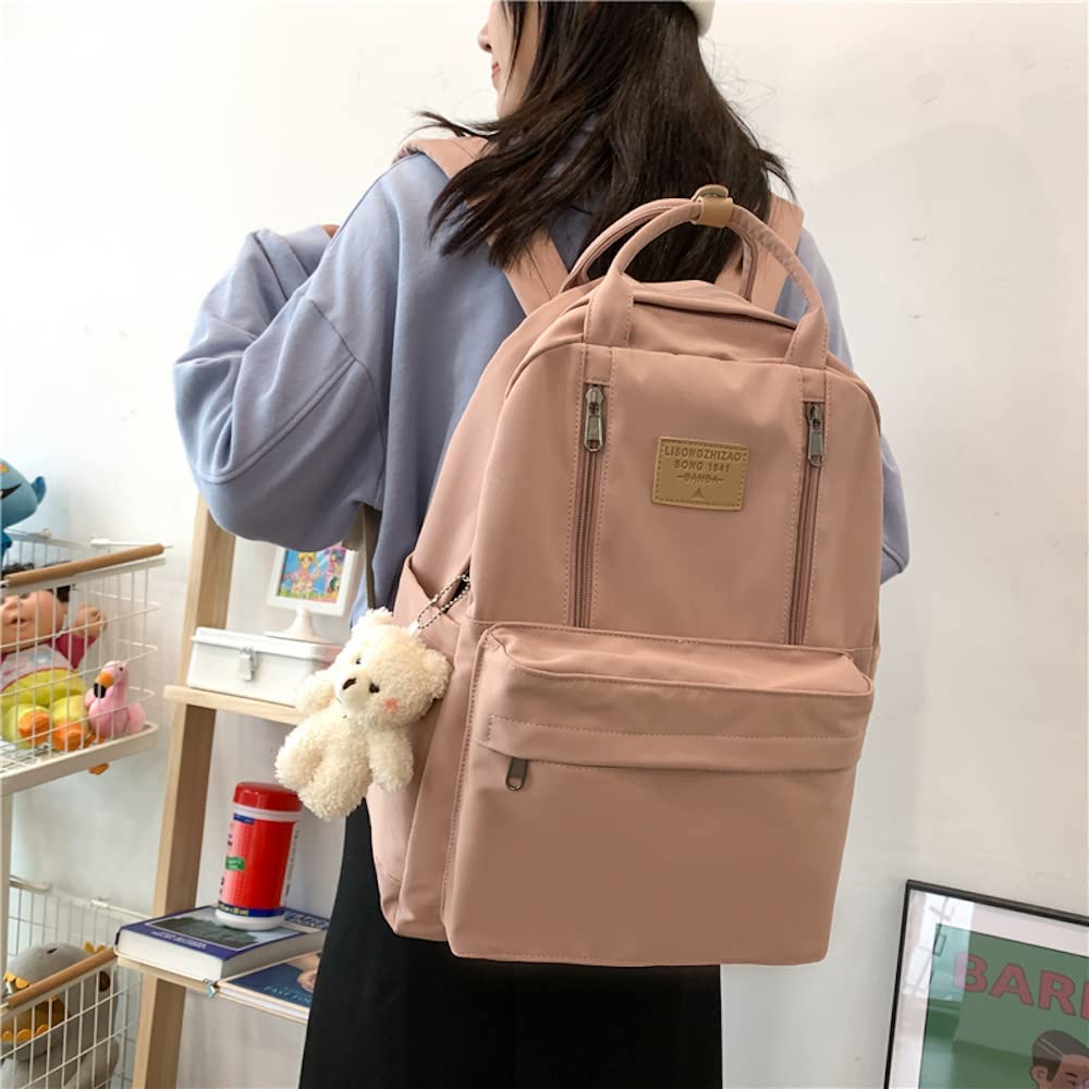 Preppy Backpack with Plushies Cute Backpack for Teen Girls Light Academia Bookbags Solid Aesthetic School Bag (Black)