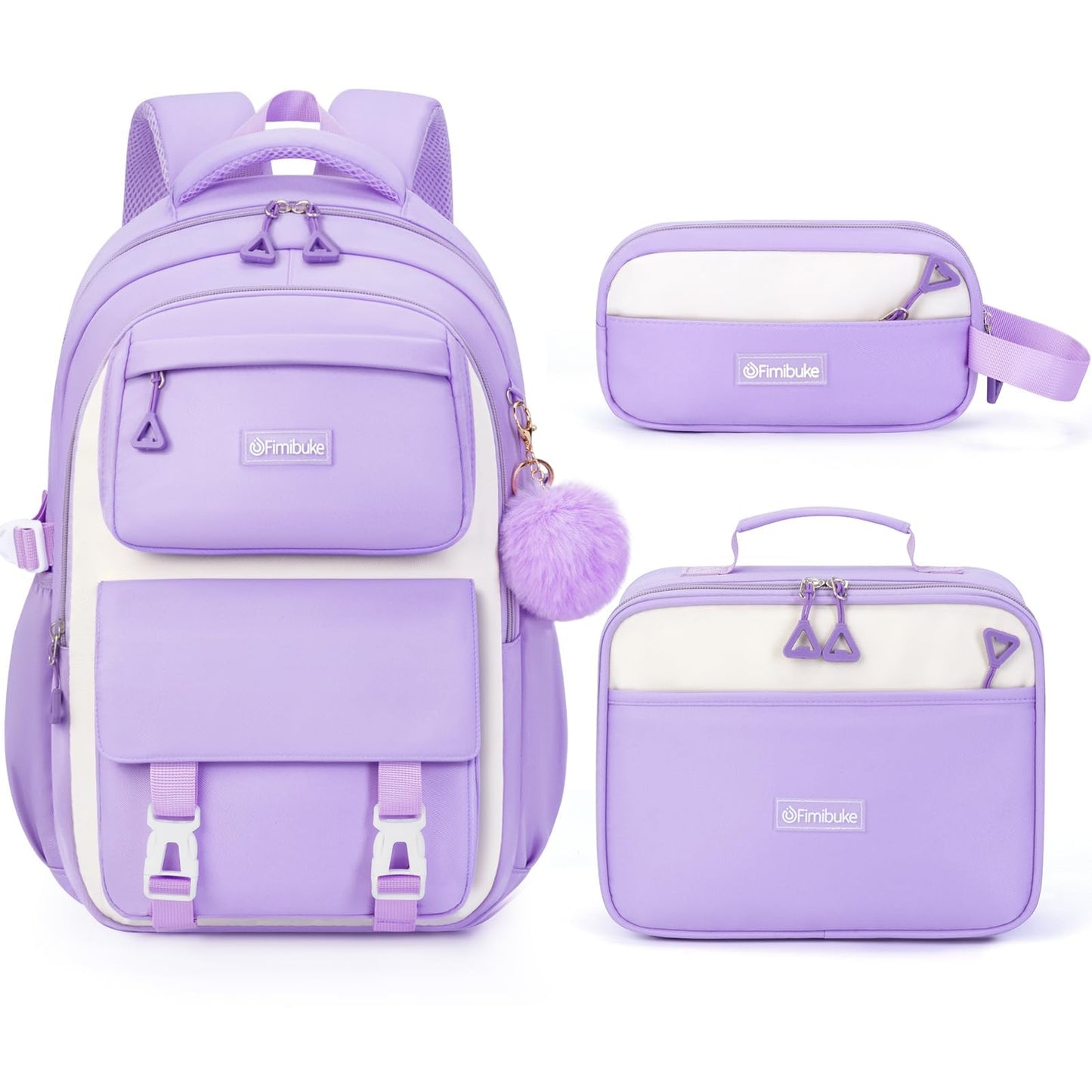 Fimibuke Backpack for Girls, 3 PCS Waterproof School Backpack with Lunch Box, Pencil Pouch Set for Kid Teen Girl, Cute Bookbag Travel School Bag for Elementary Middle High School Students Age 6+