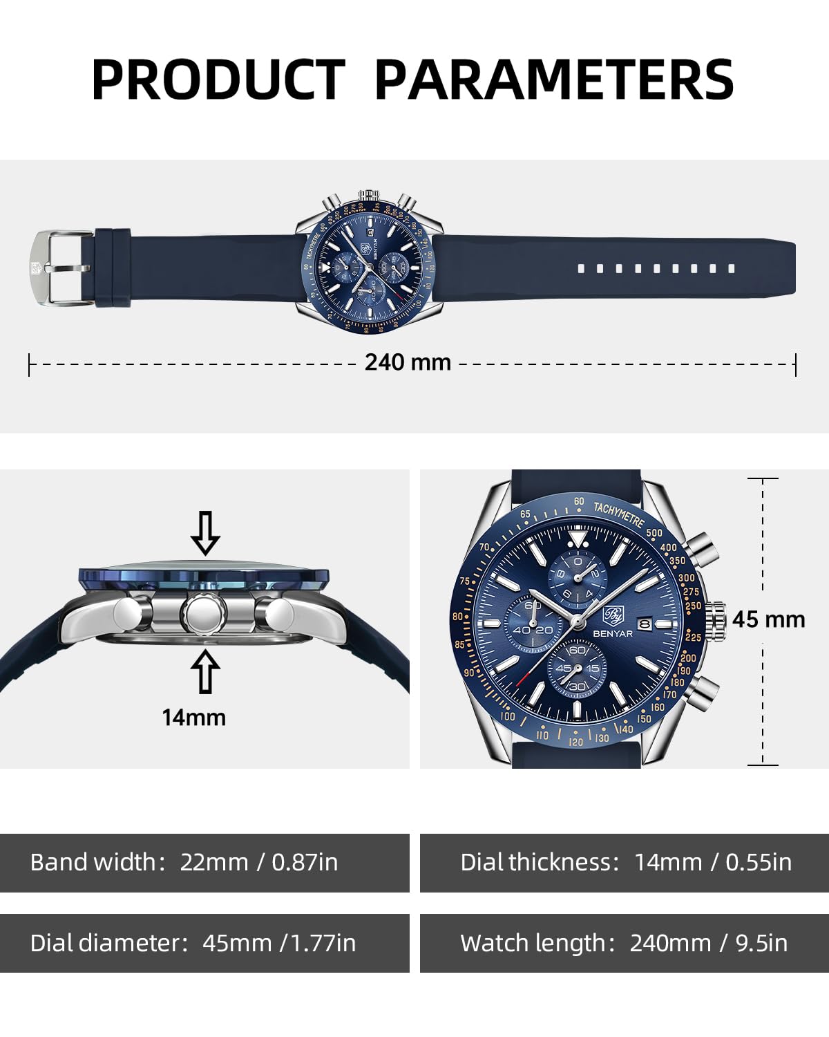 BY BENYAR Watch for Men Analog Quartz Chronograph Waterproof Luminous Designer Mens Wrist Watches Business Work Sport Casual Dress Watch with Silicone Strap Elegant Gifts for Men