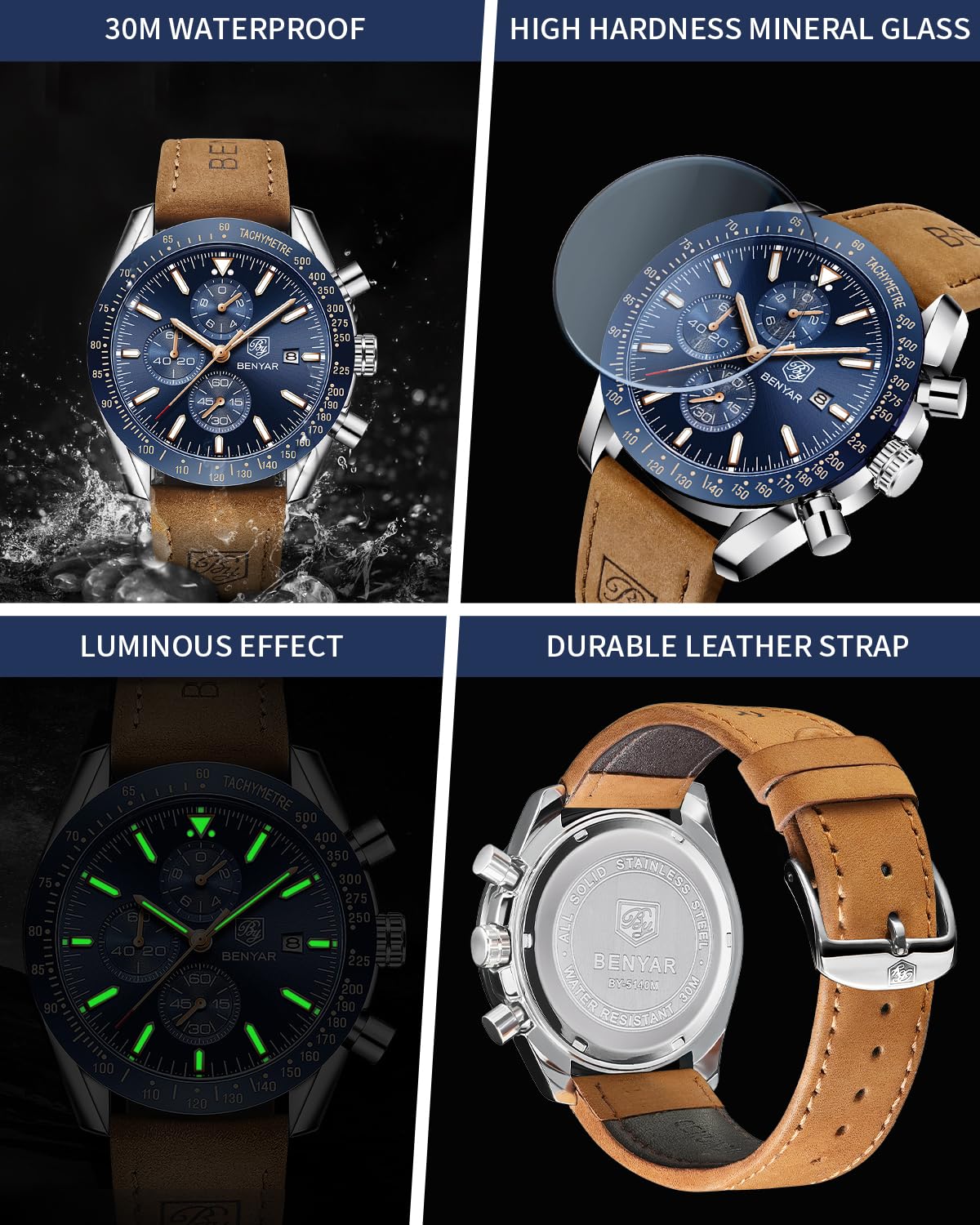 BY BENYAR Watch for Men Analog Quartz Chronograph Waterproof Luminous Designer Mens Wrist Watches Business Work Sport Casual Dress Watch with Silicone Strap Elegant Gifts for Men