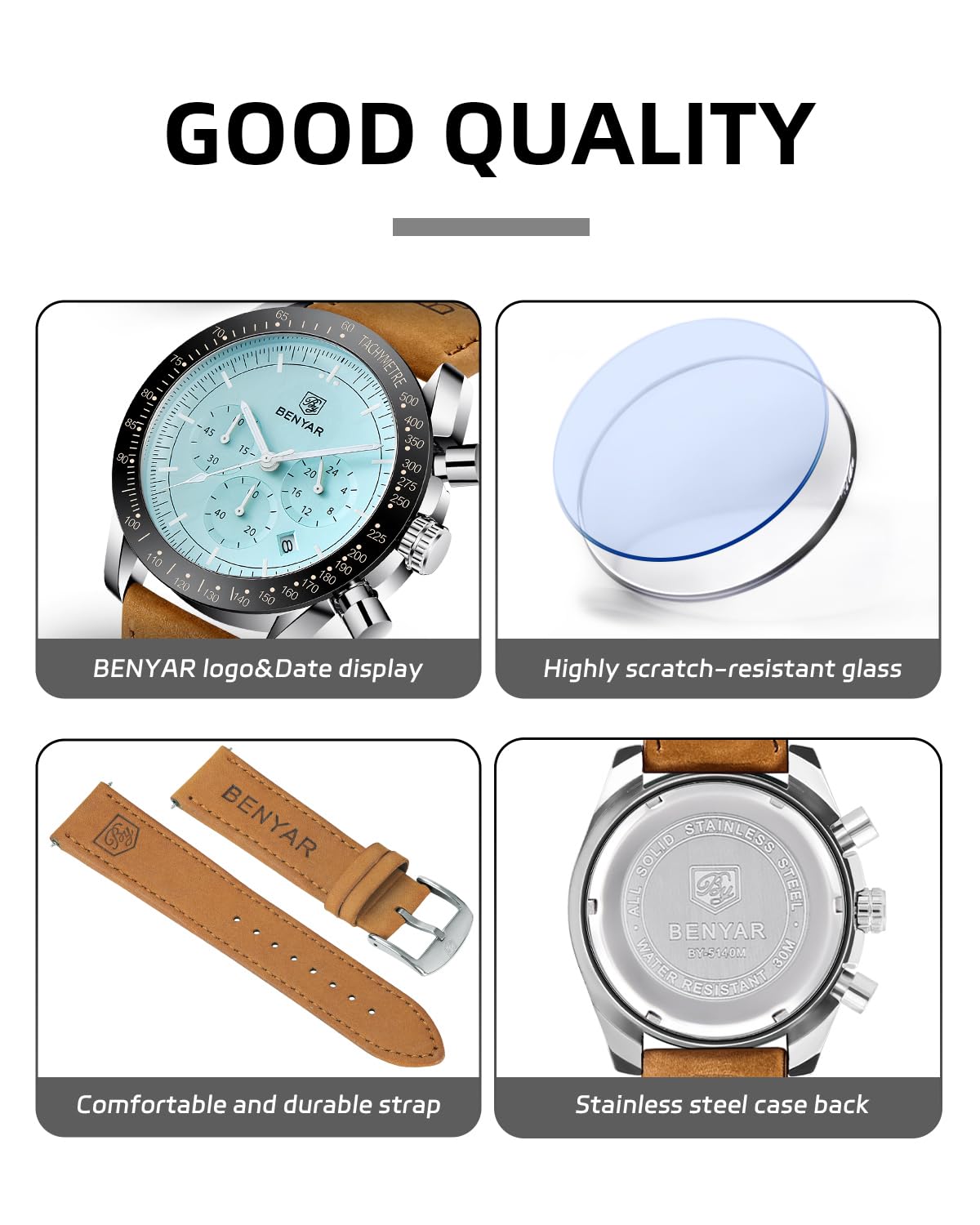 BY BENYAR Watch for Men Analog Quartz Chronograph Waterproof Luminous Designer Mens Wrist Watches Business Work Sport Casual Dress Watch with Silicone Strap Elegant Gifts for Men