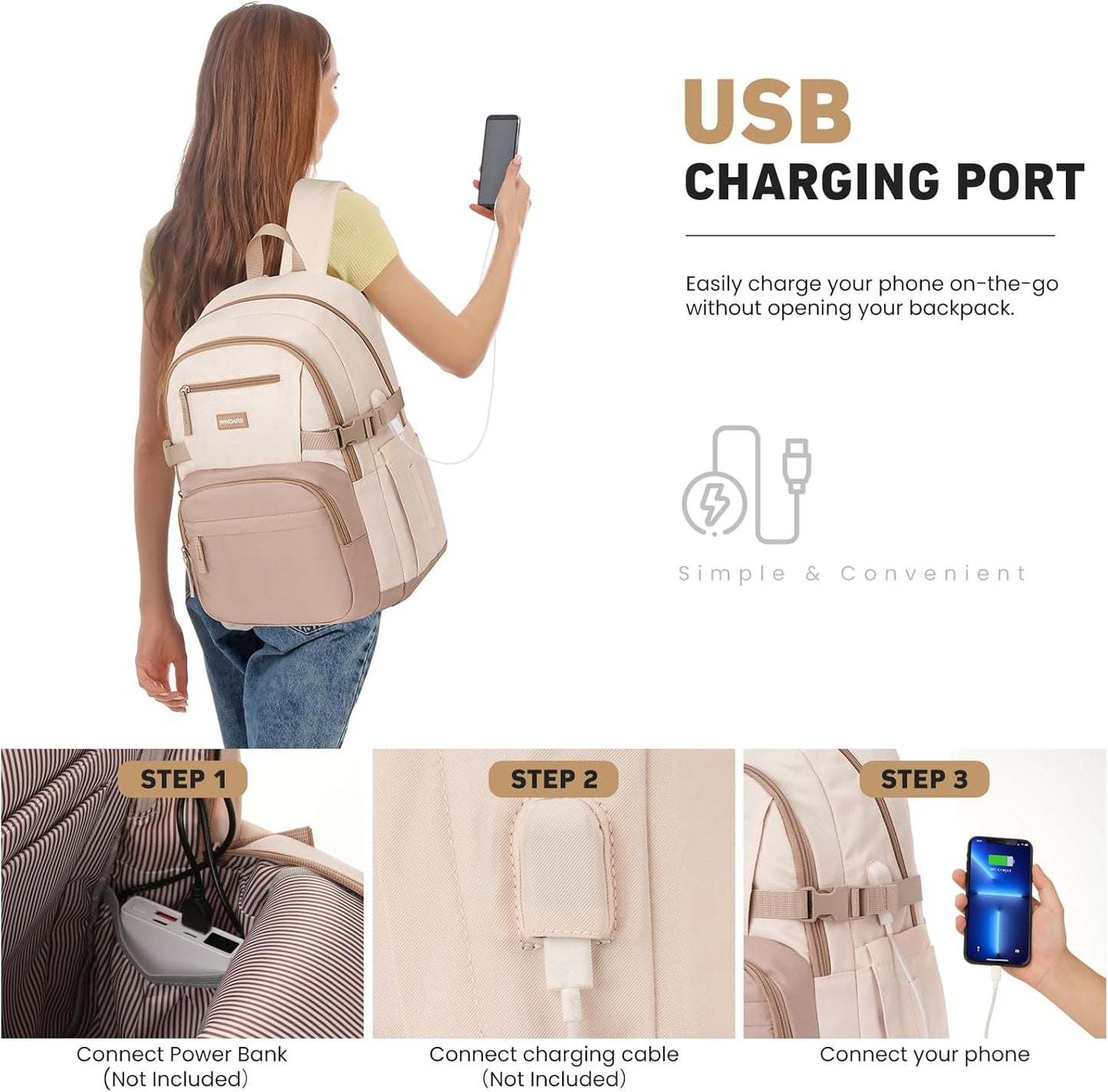 Backpack for School Girls, Cute High School Backpacks for Teens Women Student Large Bookbag 15.6 Inch Laptop Bag with USB Charger Port for College Work Travel Trip (Khaki Beige)