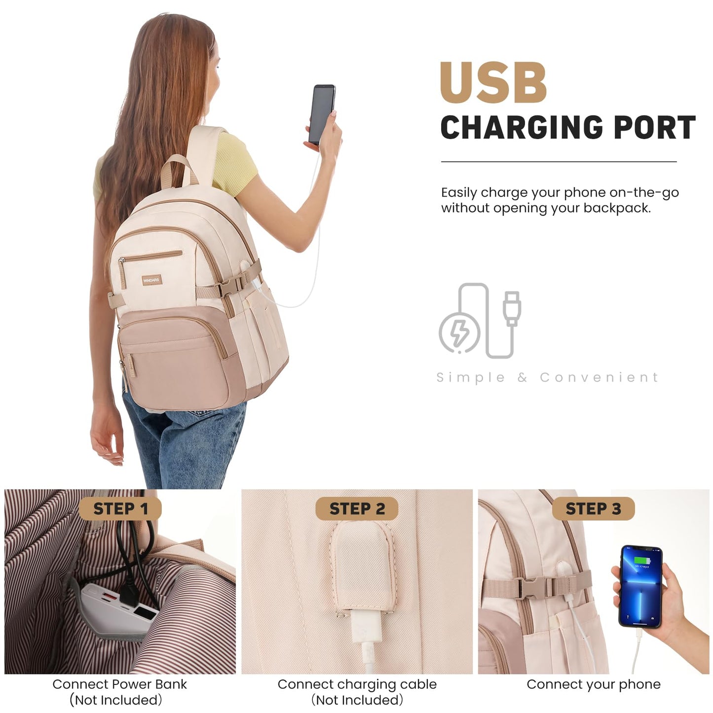 Backpack for School Girls, Cute High School Backpacks for Teens Women Student Large Bookbag 15.6 Inch Laptop Bag with USB Charger Port for College Work Travel Trip (Khaki Beige)