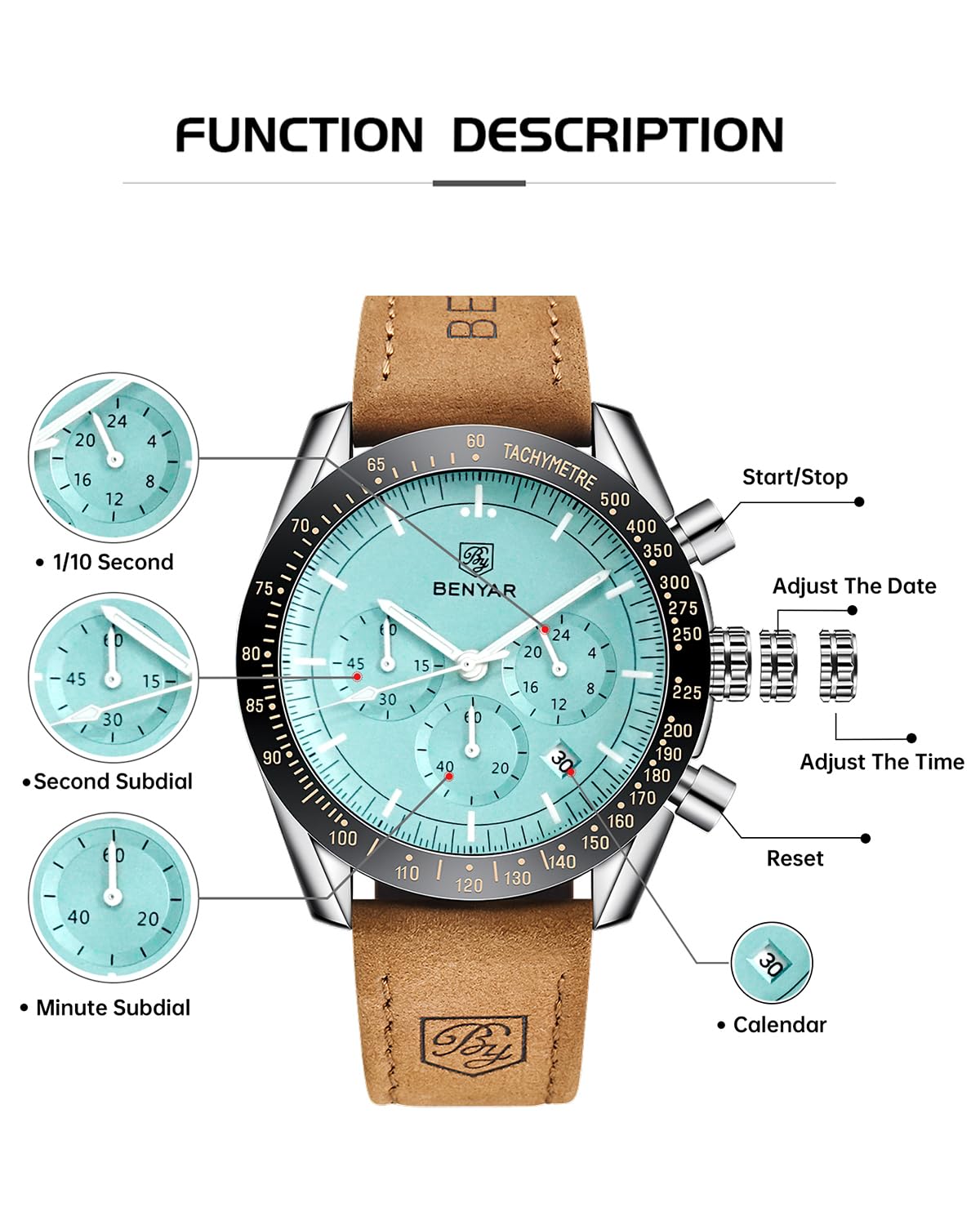 BY BENYAR Watch for Men Analog Quartz Chronograph Waterproof Luminous Designer Mens Wrist Watches Business Work Sport Casual Dress Watch with Silicone Strap Elegant Gifts for Men