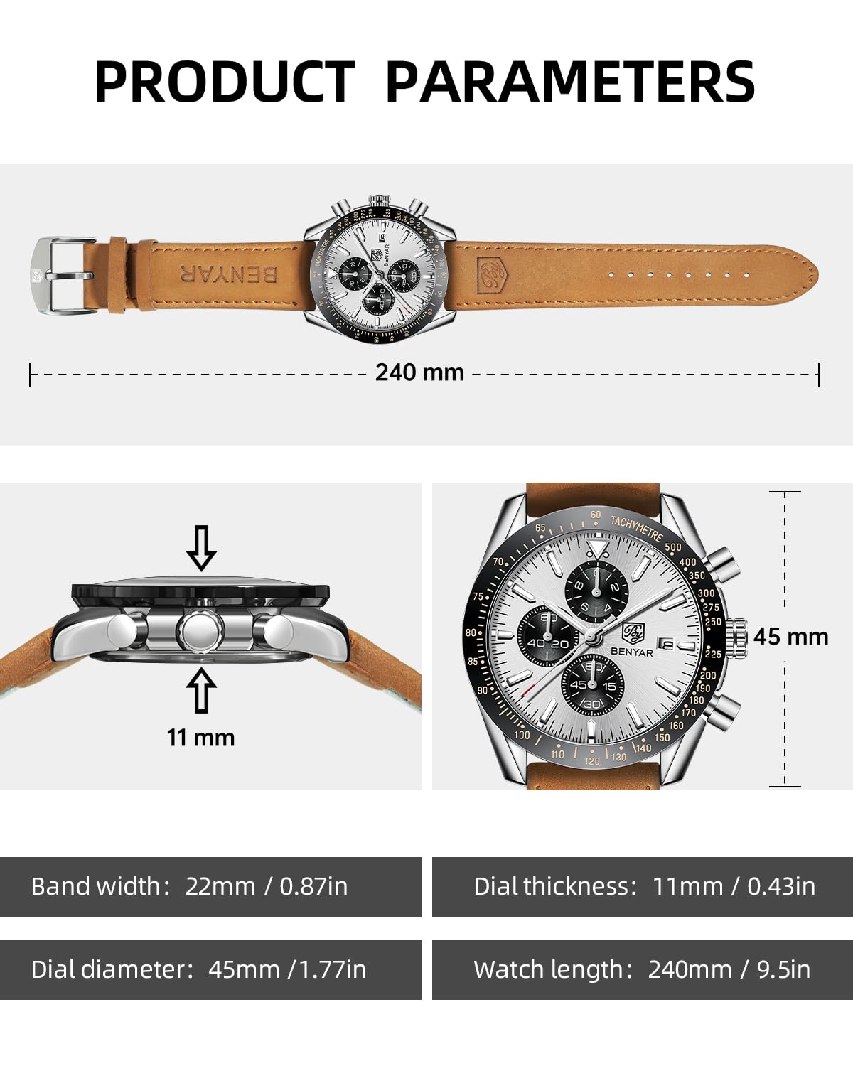 BY BENYAR Watch for Men Analog Quartz Chronograph Waterproof Luminous Designer Mens Wrist Watches Business Work Sport Casual Dress Watch with Silicone Strap Elegant Gifts for Men