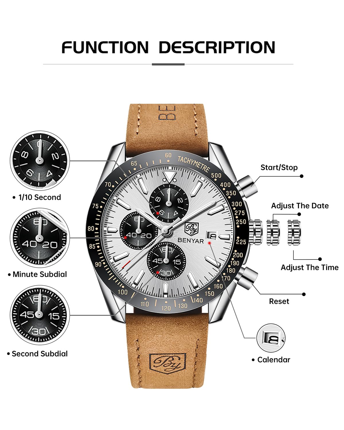 BY BENYAR Watch for Men Analog Quartz Chronograph Waterproof Luminous Designer Mens Wrist Watches Business Work Sport Casual Dress Watch with Silicone Strap Elegant Gifts for Men