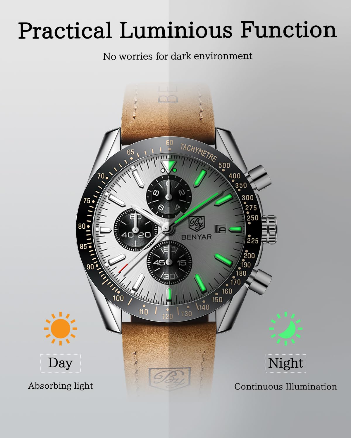 BY BENYAR Watch for Men Analog Quartz Chronograph Waterproof Luminous Designer Mens Wrist Watches Business Work Sport Casual Dress Watch with Silicone Strap Elegant Gifts for Men