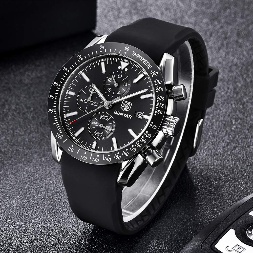 BY BENYAR Watch for Men Analog Quartz Chronograph Waterproof Luminous Designer Mens Wrist Watches Business Work Sport Casual Dress Watch with Silicone Strap Elegant Gifts for Men