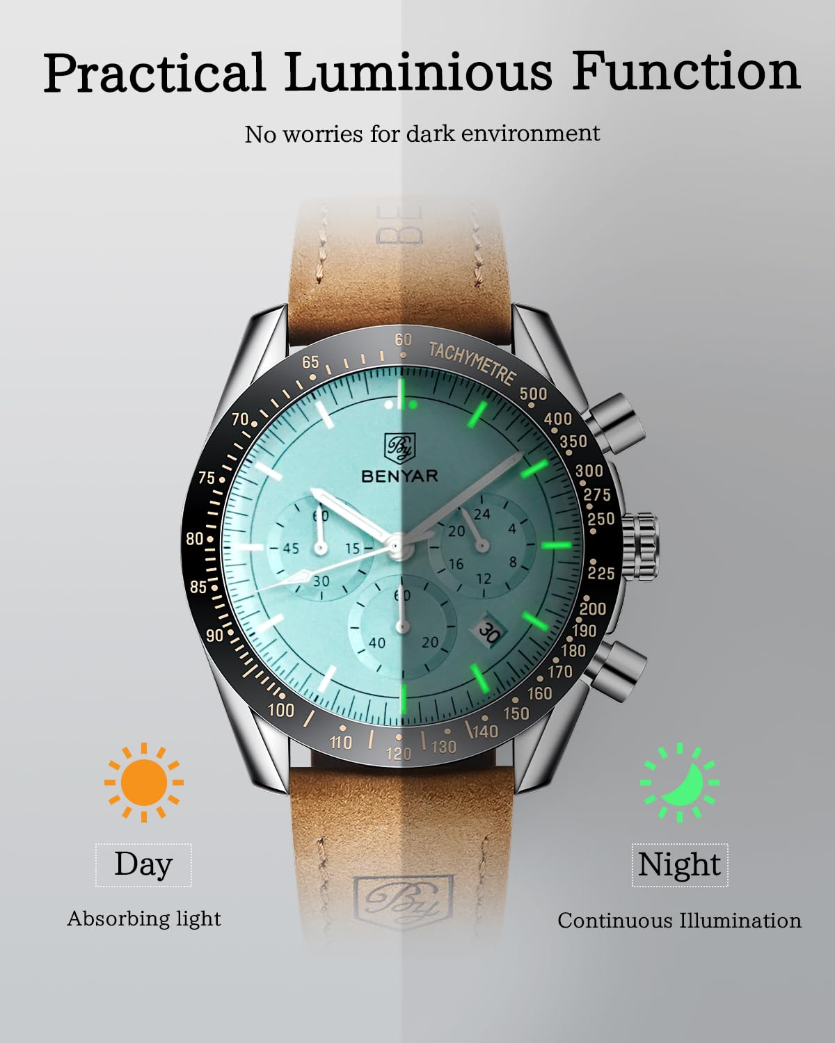 BY BENYAR Watch for Men Analog Quartz Chronograph Waterproof Luminous Designer Mens Wrist Watches Business Work Sport Casual Dress Watch with Silicone Strap Elegant Gifts for Men