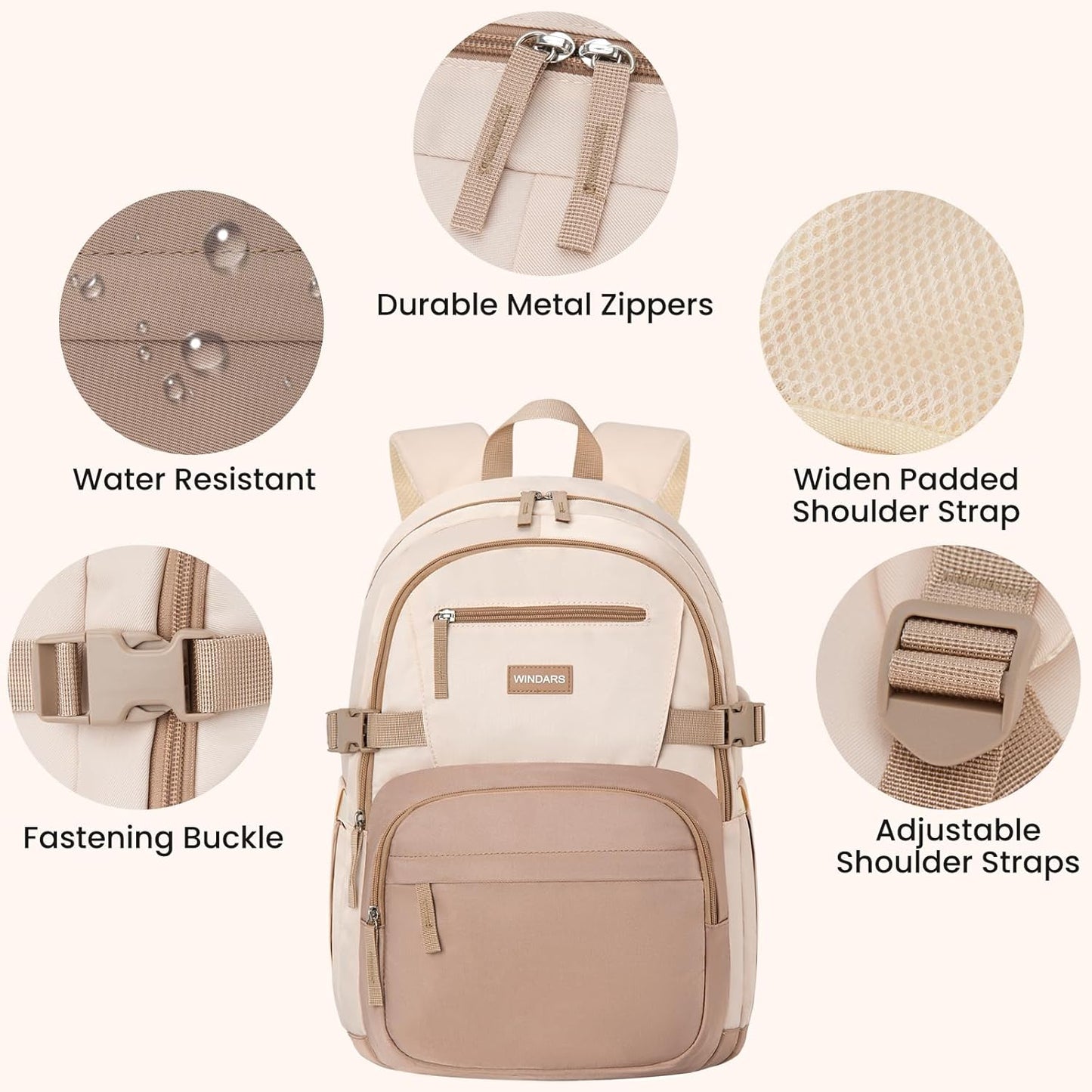 Backpack for School Girls, Cute High School Backpacks for Teens Women Student Large Bookbag 15.6 Inch Laptop Bag with USB Charger Port for College Work Travel Trip (Khaki Beige)