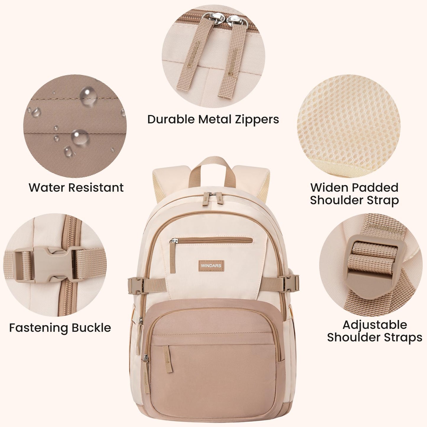 Backpack for School Girls, Cute High School Backpacks for Teens Women Student Large Bookbag 15.6 Inch Laptop Bag with USB Charger Port for College Work Travel Trip (Khaki Beige)