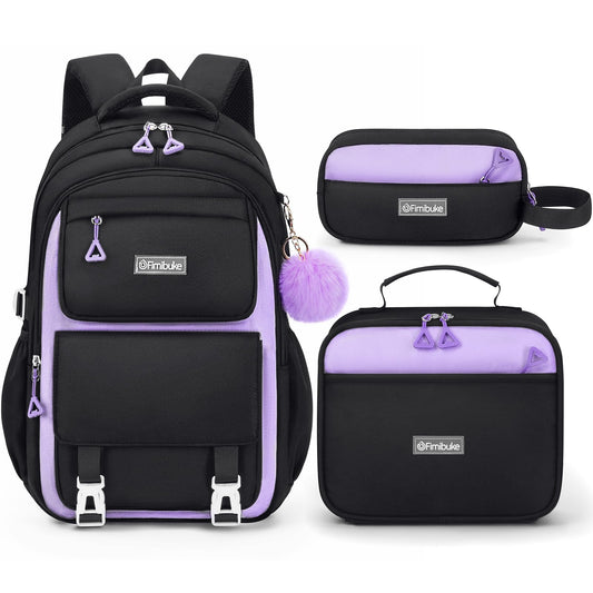 Fimibuke Backpack for Girls, 3 PCS Waterproof School Backpack with Lunch Box, Pencil Pouch Set for Kid Teen Girl, Cute Bookbag Travel School Bag for Elementary Middle High School Students Age 6+