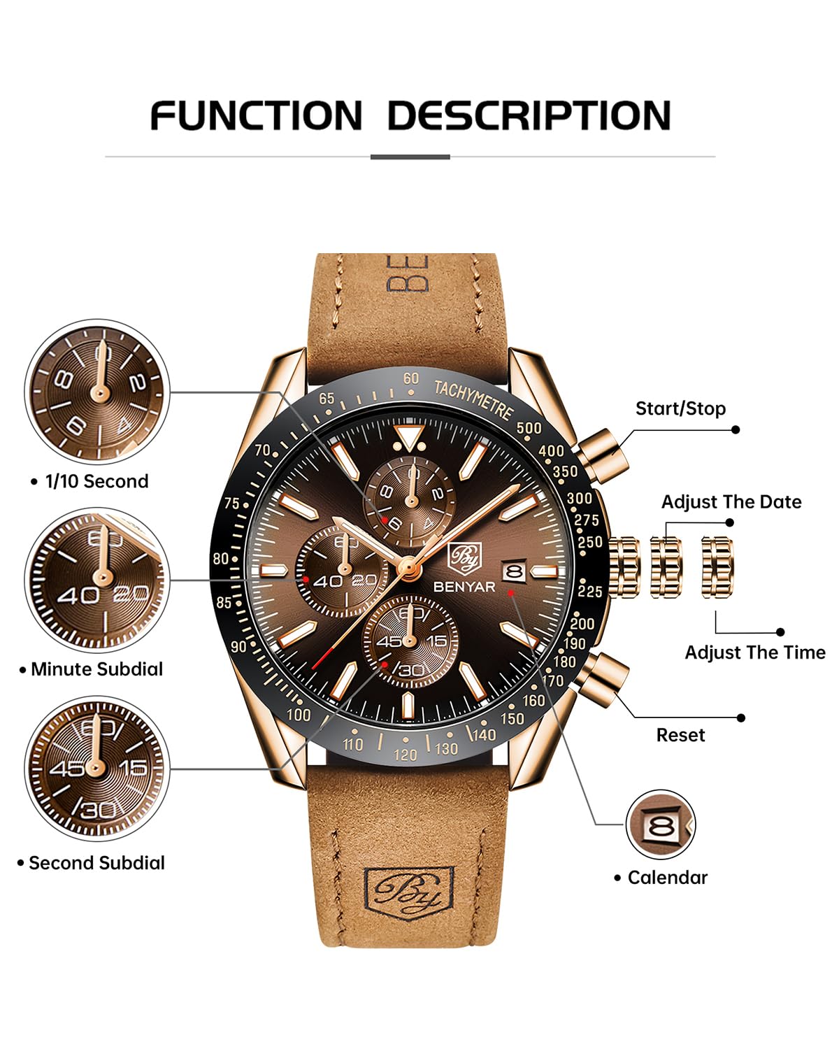 BY BENYAR Watch for Men Analog Quartz Chronograph Waterproof Luminous Designer Mens Wrist Watches Business Work Sport Casual Dress Watch with Silicone Strap Elegant Gifts for Men