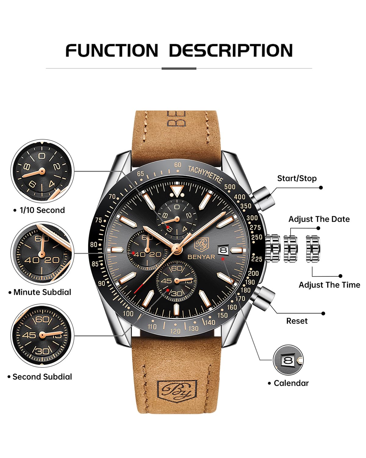 BY BENYAR Watch for Men Analog Quartz Chronograph Waterproof Luminous Designer Mens Wrist Watches Business Work Sport Casual Dress Watch with Silicone Strap Elegant Gifts for Men