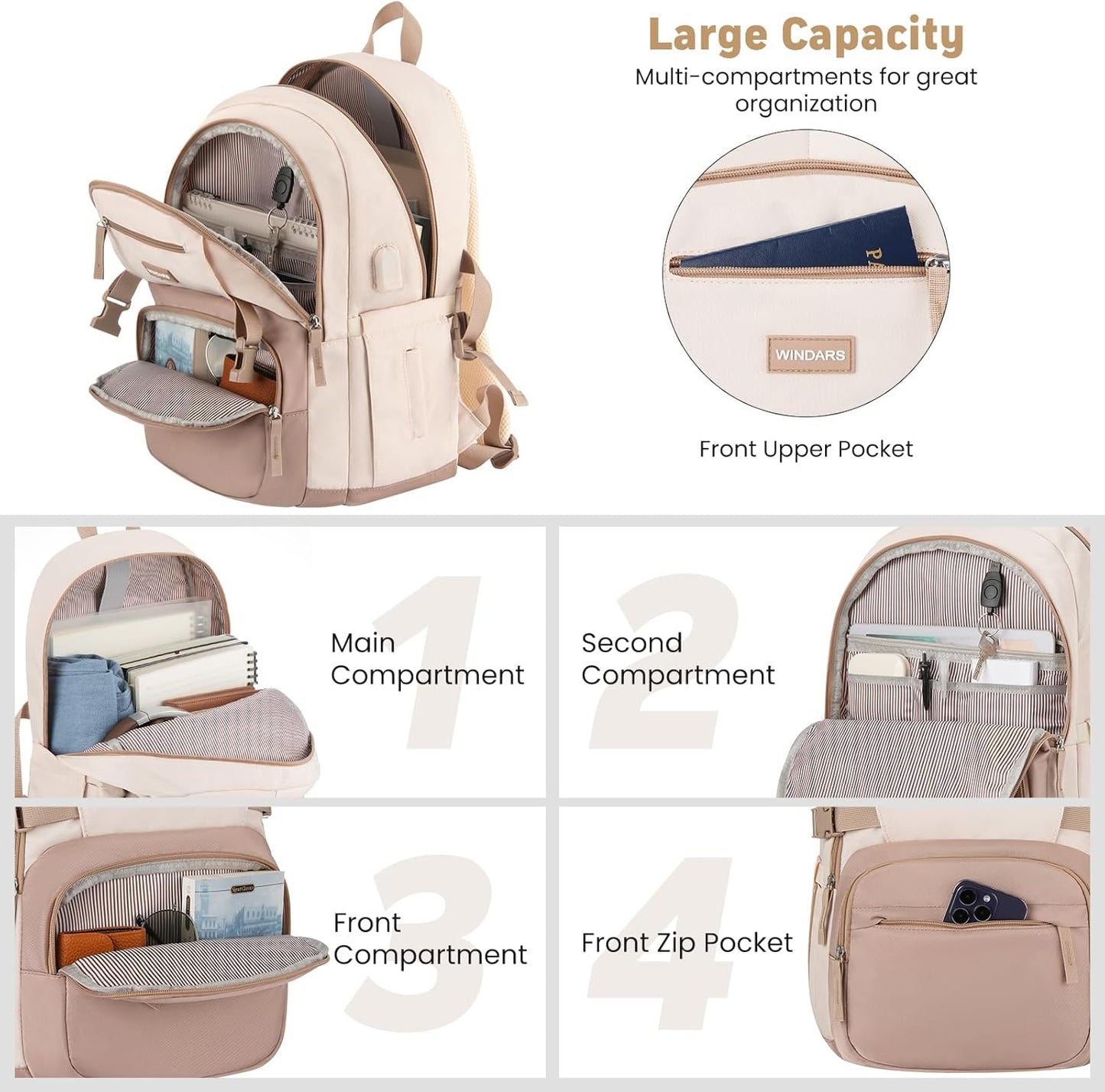 Backpack for School Girls, Cute High School Backpacks for Teens Women Student Large Bookbag 15.6 Inch Laptop Bag with USB Charger Port for College Work Travel Trip (Khaki Beige)