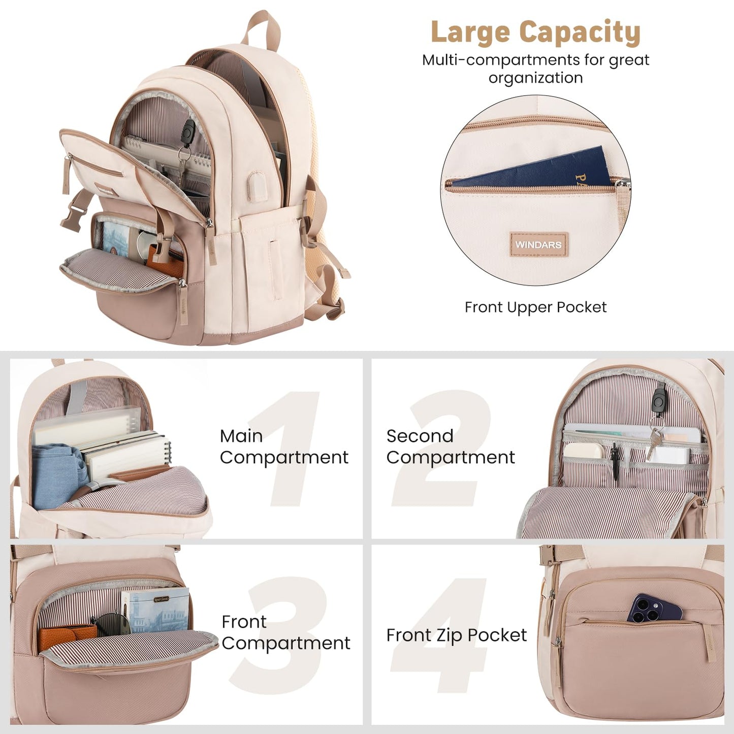 Backpack for School Girls, Cute High School Backpacks for Teens Women Student Large Bookbag 15.6 Inch Laptop Bag with USB Charger Port for College Work Travel Trip (Khaki Beige)