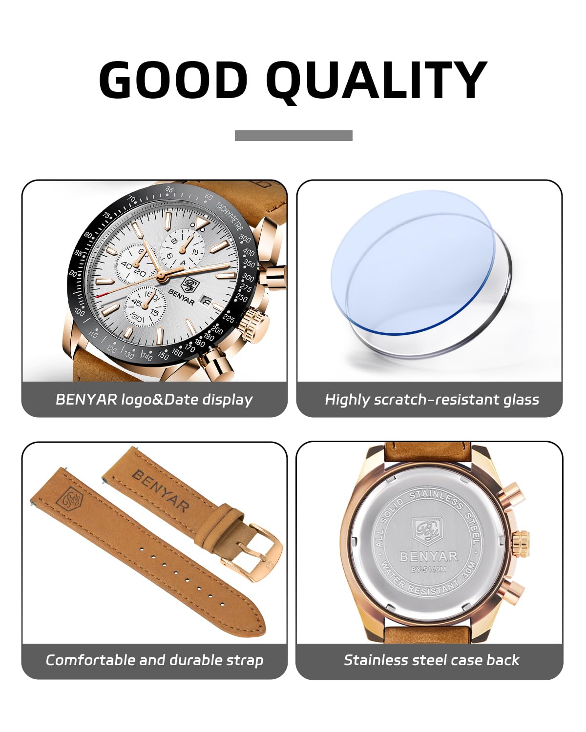 BY BENYAR Watch for Men Analog Quartz Chronograph Waterproof Luminous Designer Mens Wrist Watches Business Work Sport Casual Dress Watch with Silicone Strap Elegant Gifts for Men