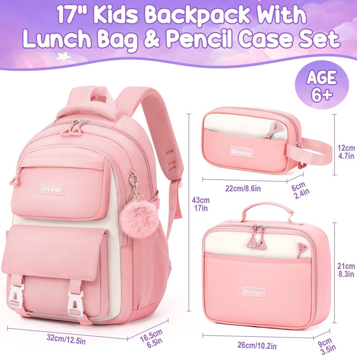 Fimibuke Backpack for Girls, 3 PCS Waterproof School Backpack with Lunch Box, Pencil Pouch Set for Kid Teen Girl, Cute Bookbag Travel School Bag for Elementary Middle High School Students Age 6+