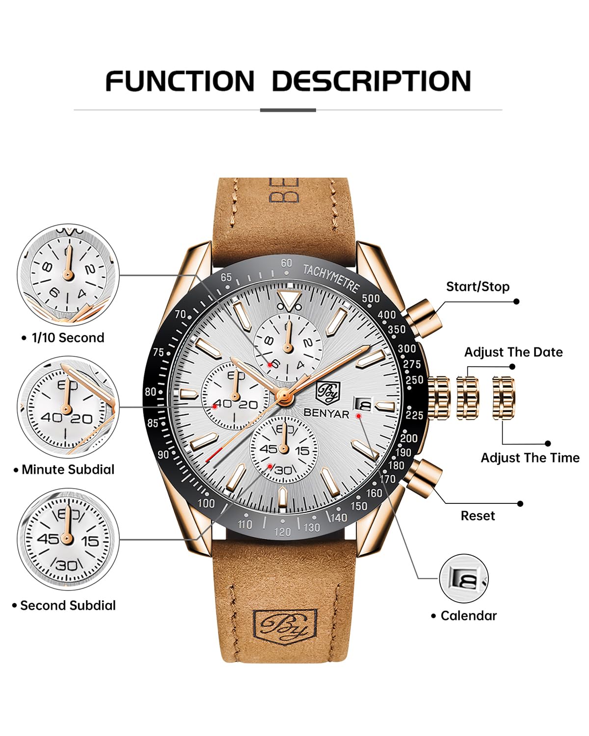 BY BENYAR Watch for Men Analog Quartz Chronograph Waterproof Luminous Designer Mens Wrist Watches Business Work Sport Casual Dress Watch with Silicone Strap Elegant Gifts for Men