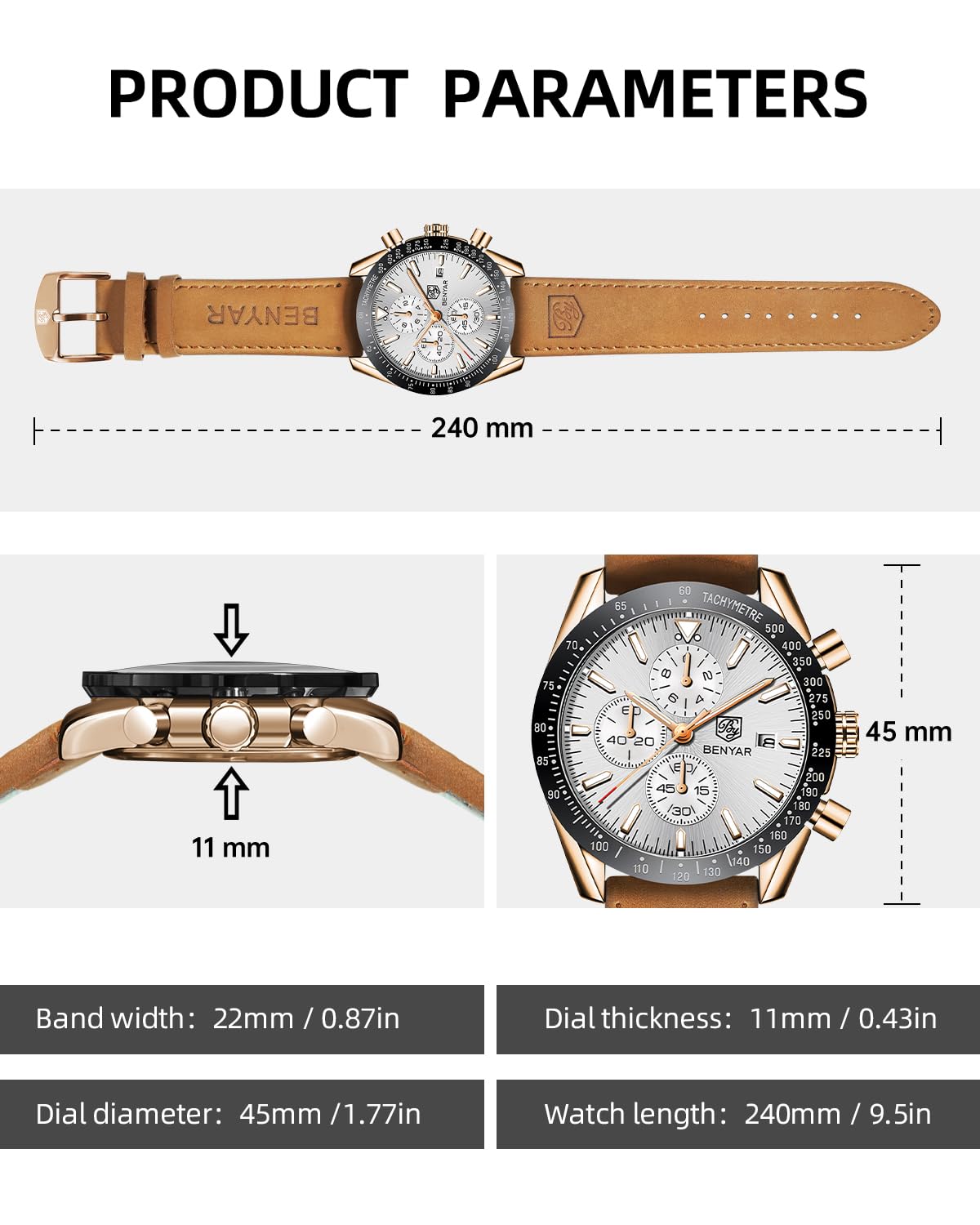 BY BENYAR Watch for Men Analog Quartz Chronograph Waterproof Luminous Designer Mens Wrist Watches Business Work Sport Casual Dress Watch with Silicone Strap Elegant Gifts for Men