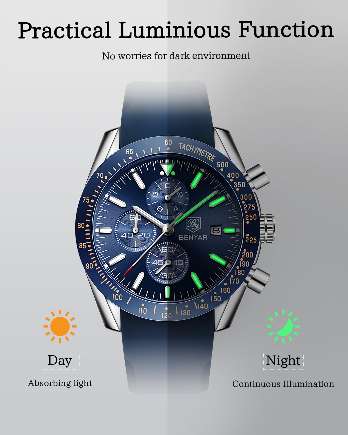 BY BENYAR Watch for Men Analog Quartz Chronograph Waterproof Luminous Designer Mens Wrist Watches Business Work Sport Casual Dress Watch with Silicone Strap Elegant Gifts for Men