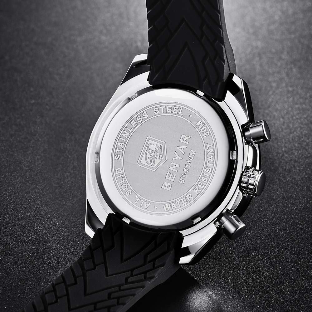 BY BENYAR Watch for Men Analog Quartz Chronograph Waterproof Luminous Designer Mens Wrist Watches Business Work Sport Casual Dress Watch with Silicone Strap Elegant Gifts for Men