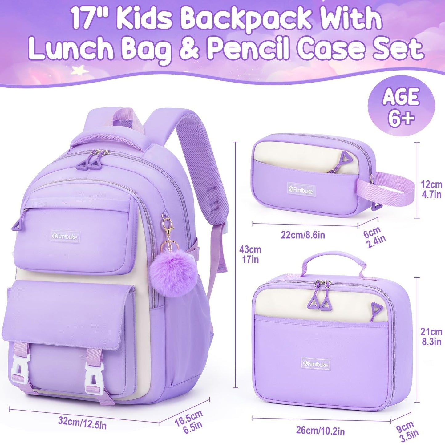 Fimibuke Backpack for Girls, 3 PCS Waterproof School Backpack with Lunch Box, Pencil Pouch Set for Kid Teen Girl, Cute Bookbag Travel School Bag for Elementary Middle High School Students Age 6+