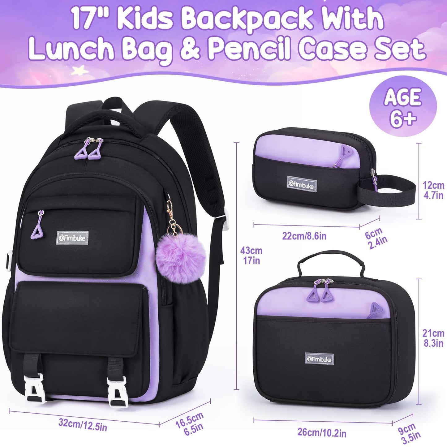 Fimibuke Backpack for Girls, 3 PCS Waterproof School Backpack with Lunch Box, Pencil Pouch Set for Kid Teen Girl, Cute Bookbag Travel School Bag for Elementary Middle High School Students Age 6+