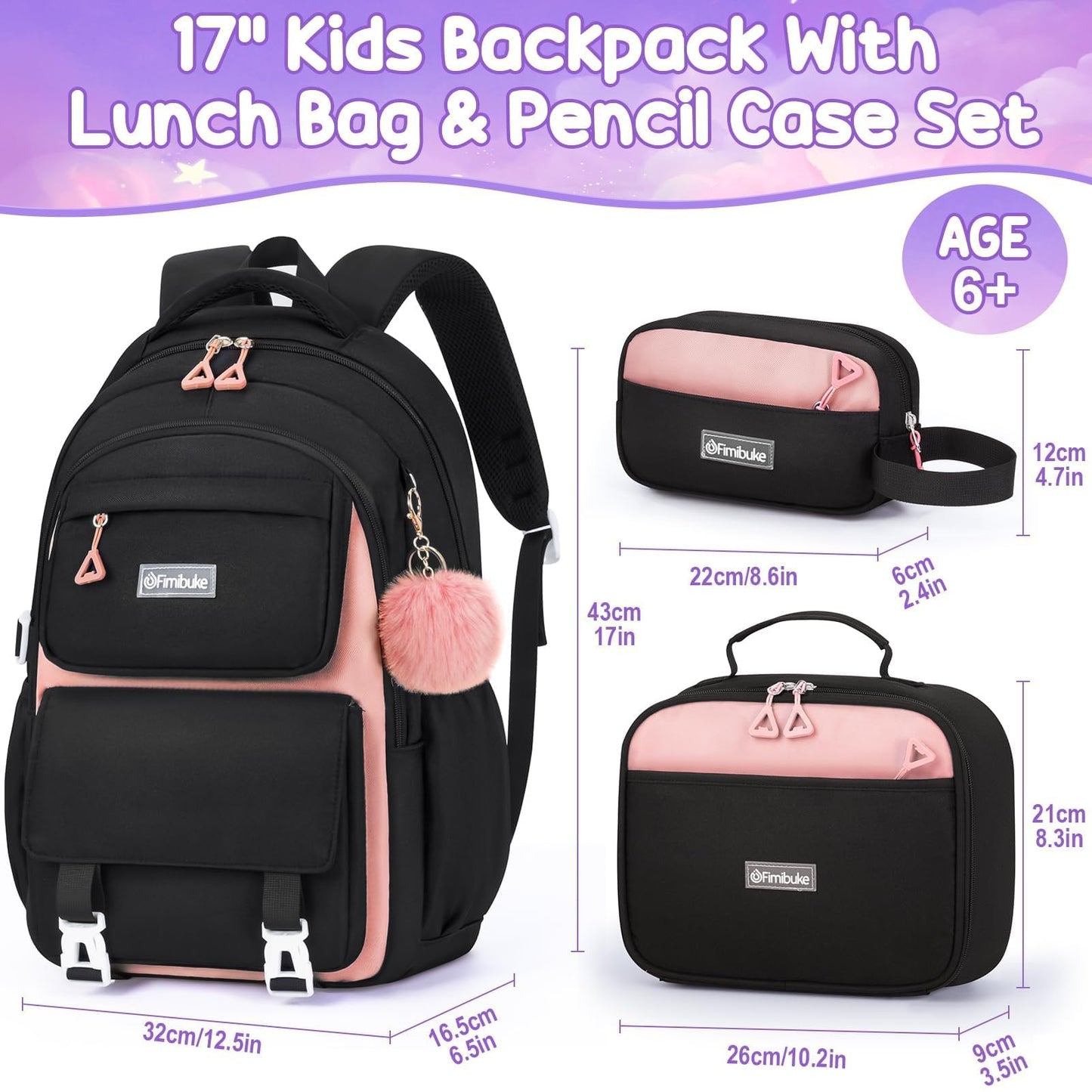 Fimibuke Backpack for Girls, 3 PCS Waterproof School Backpack with Lunch Box, Pencil Pouch Set for Kid Teen Girl, Cute Bookbag Travel School Bag for Elementary Middle High School Students Age 6+