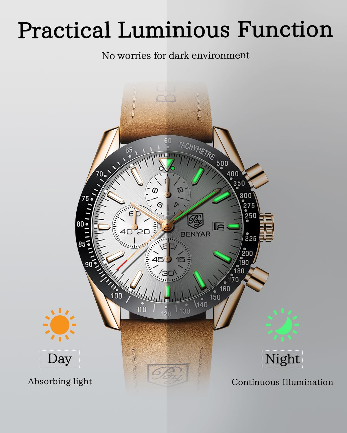 BY BENYAR Watch for Men Analog Quartz Chronograph Waterproof Luminous Designer Mens Wrist Watches Business Work Sport Casual Dress Watch with Silicone Strap Elegant Gifts for Men