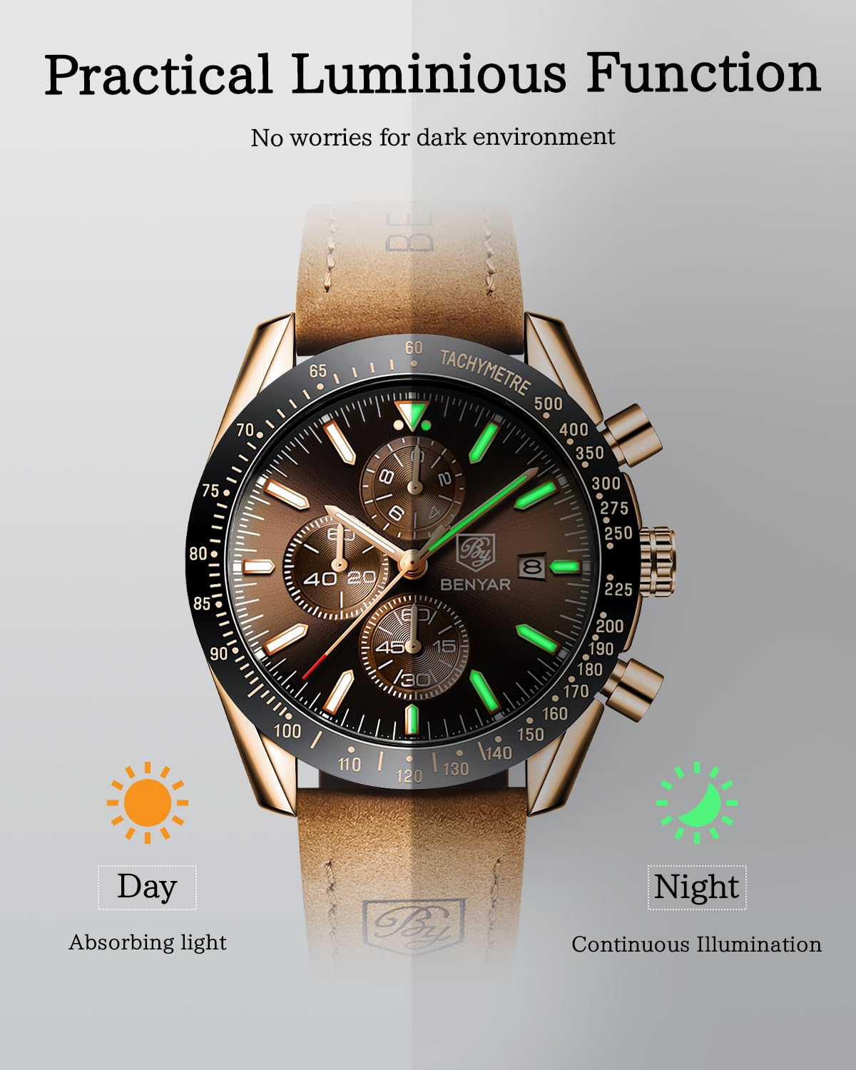 BY BENYAR Watch for Men Analog Quartz Chronograph Waterproof Luminous Designer Mens Wrist Watches Business Work Sport Casual Dress Watch with Silicone Strap Elegant Gifts for Men