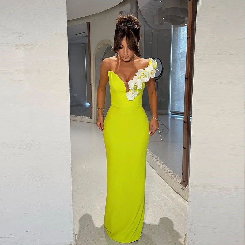 Bandage Evening Temperament Elegant Flowers One Shoulder Dress